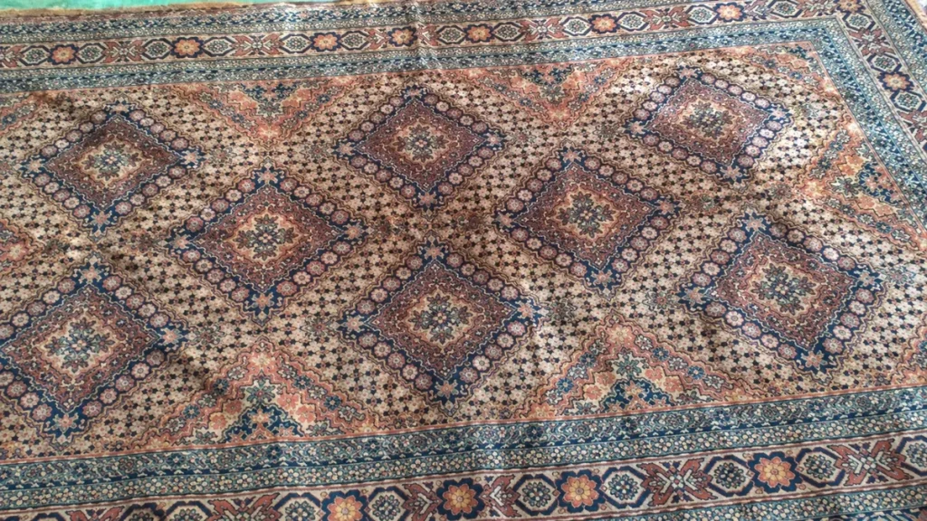 A patterned rug cleaned on a wooden floor